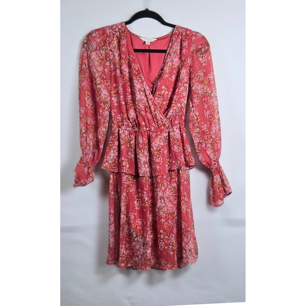 LC Lauren Conrad XS Floral Peplum Faux Wrap Dress Pink Metallic Garden Party